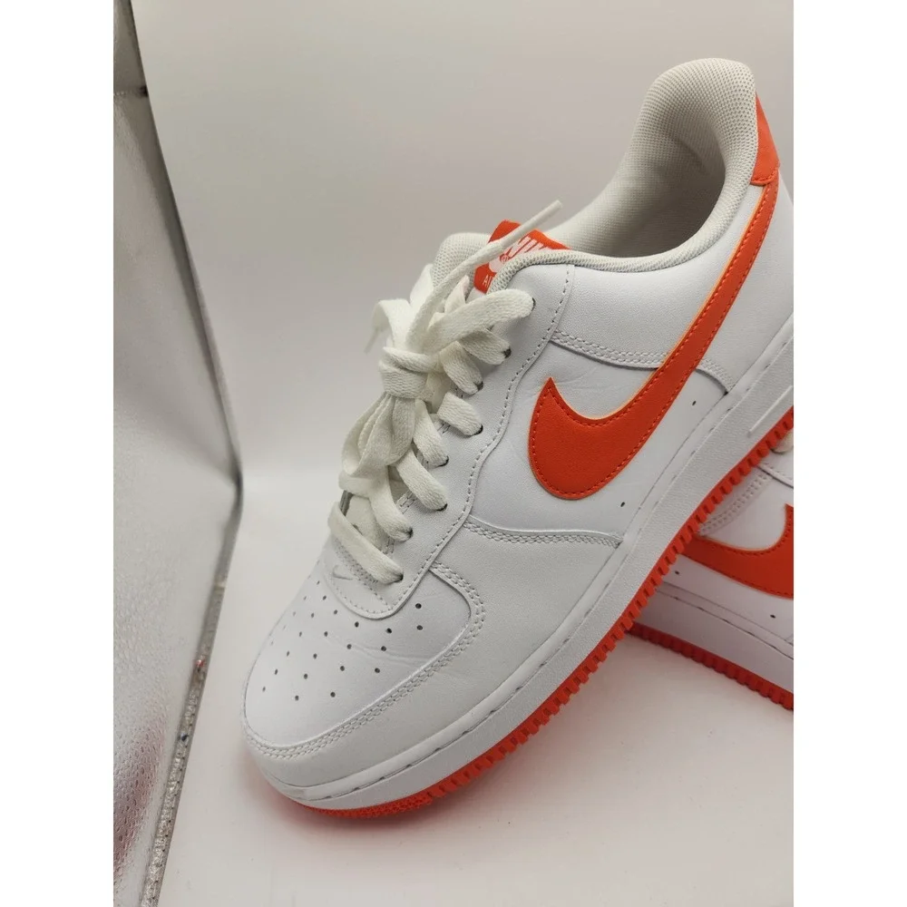 Nike Air Force 1 Low Top Men's Sneaker White/Orange Leather Lace-Up Rubber 9 1/2